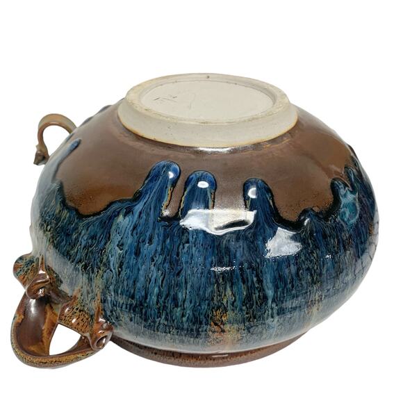 Artist Signed oRuchat Blue Brown Decorative Glazed Ceramic Lidded Pottery - Picture 10 of 10